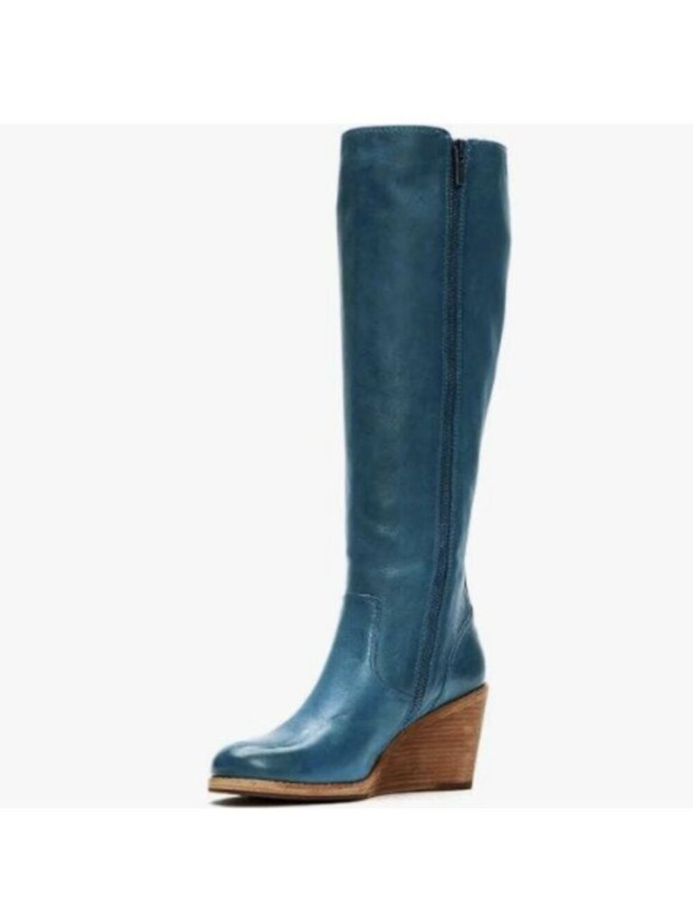 FSJ Women Side Zipper Wedge High Heel Point Toe Fancy Pull On Ladies Boots Blue